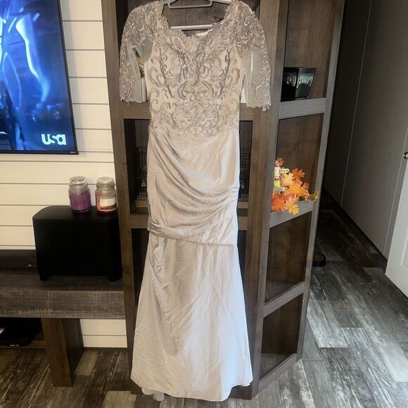La Femme Half Sleeve Embroidered Embellished Long Jersey Ruched Mermaid Gown. 17 - Picture 1 of 14